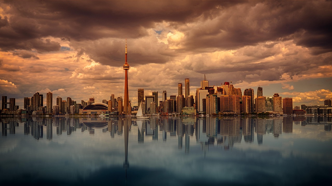 Helicopter flying over downtown Toronto